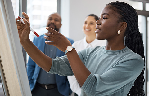 young woman presenting ideas on whiteboard while team members look on engaged in discussion about 2 strategies and solutions 2 business contexts